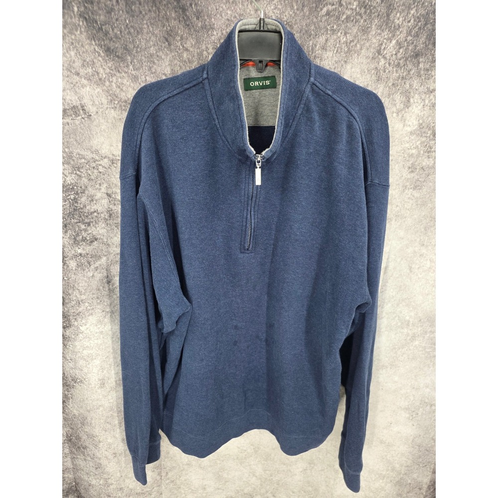Orvis Sweater Mens 2XL Navy Blue 1/4 Zip Pullover Cabin Heavyweight Sustainable